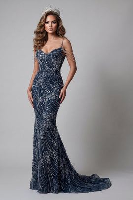 Sparkly Navy Mermaid Long Beaded Cold Shoulder Pageant Dress