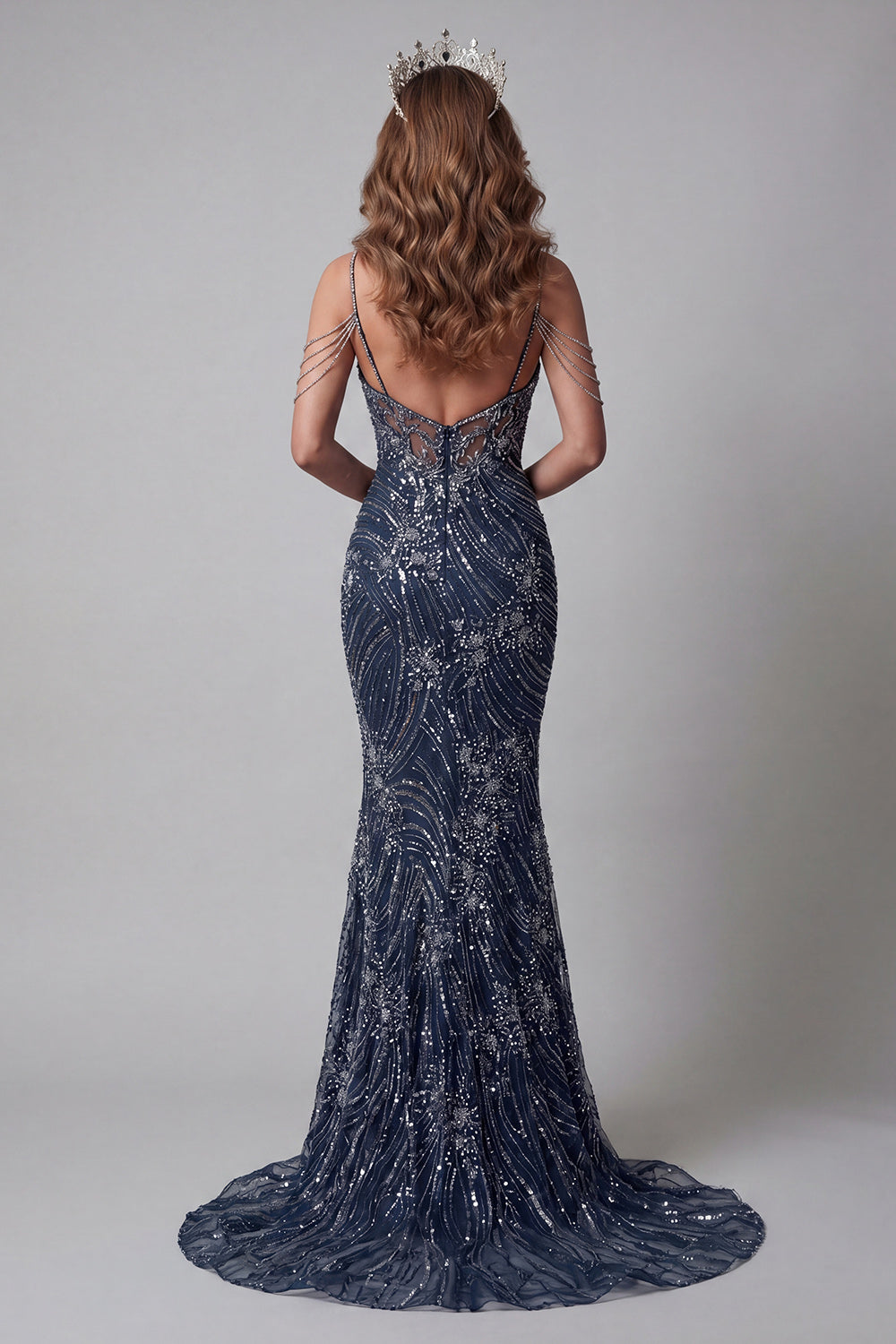Sparkly Navy Mermaid Long Beaded Cold Shoulder Pageant Dress