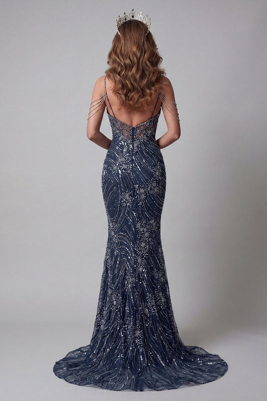 Sparkly Navy Mermaid Long Beaded Cold Shoulder Pageant Dress