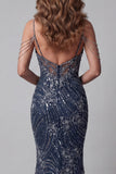 Sparkly Navy Mermaid Long Beaded Cold Shoulder Pageant Dress