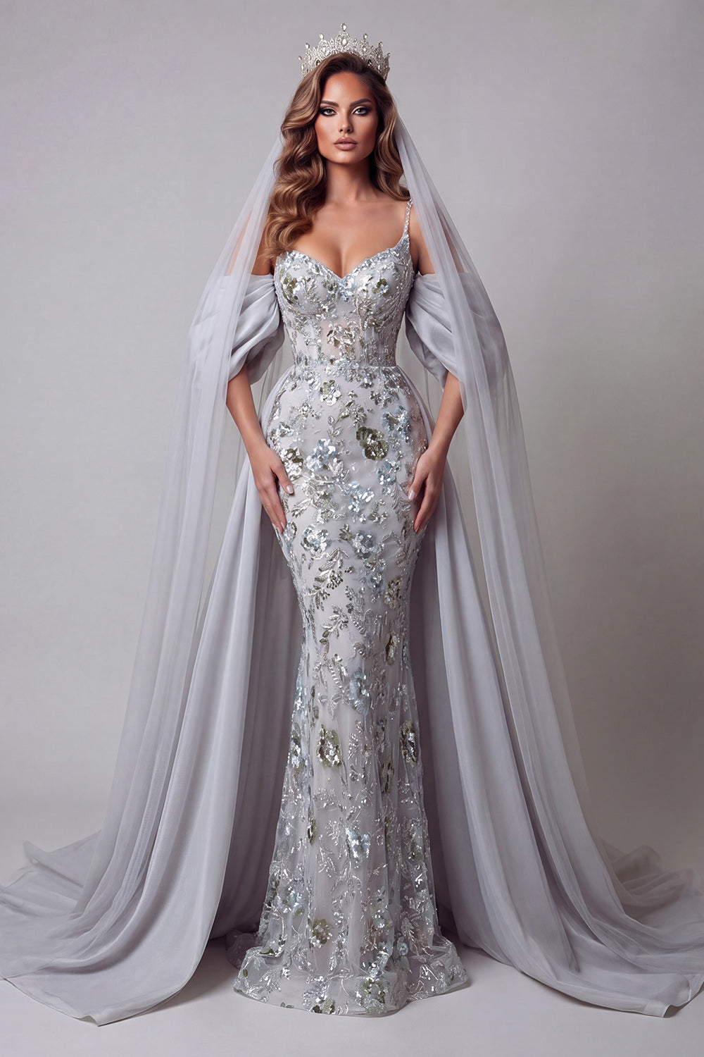 Sparkly Silver Mermaid Floral Long Spaghetti Straps Beaded Pageant Dress with Cape