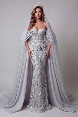 Sparkly Silver Mermaid Floral Long Spaghetti Straps Beaded Pageant Dress with Cape