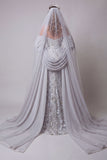 Sparkly Silver Mermaid Floral Long Spaghetti Straps Beaded Pageant Dress with Cape
