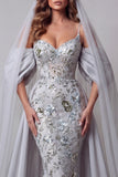 Sparkly Silver Mermaid Floral Long Spaghetti Straps Beaded Pageant Dress with Cape