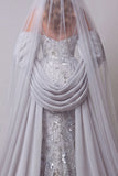 Sparkly Silver Mermaid Floral Long Spaghetti Straps Beaded Pageant Dress with Cape