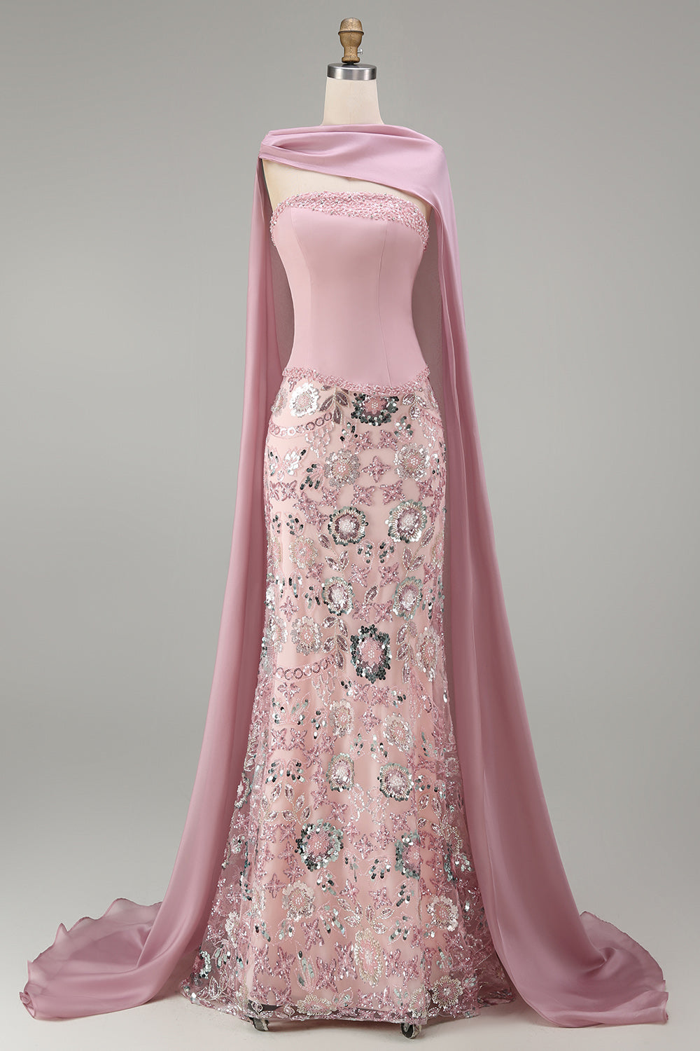 Sparkly Pink Mermaid Strapless Basque Waist Long Beaded Floral Pageant Dress with Cape