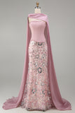 Sparkly Pink Mermaid Strapless Basque Waist Long Beaded Floral Pageant Dress with Cape