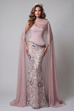Sparkly Pink Mermaid Strapless Basque Waist Long Beaded Floral Pageant Dress with Cape