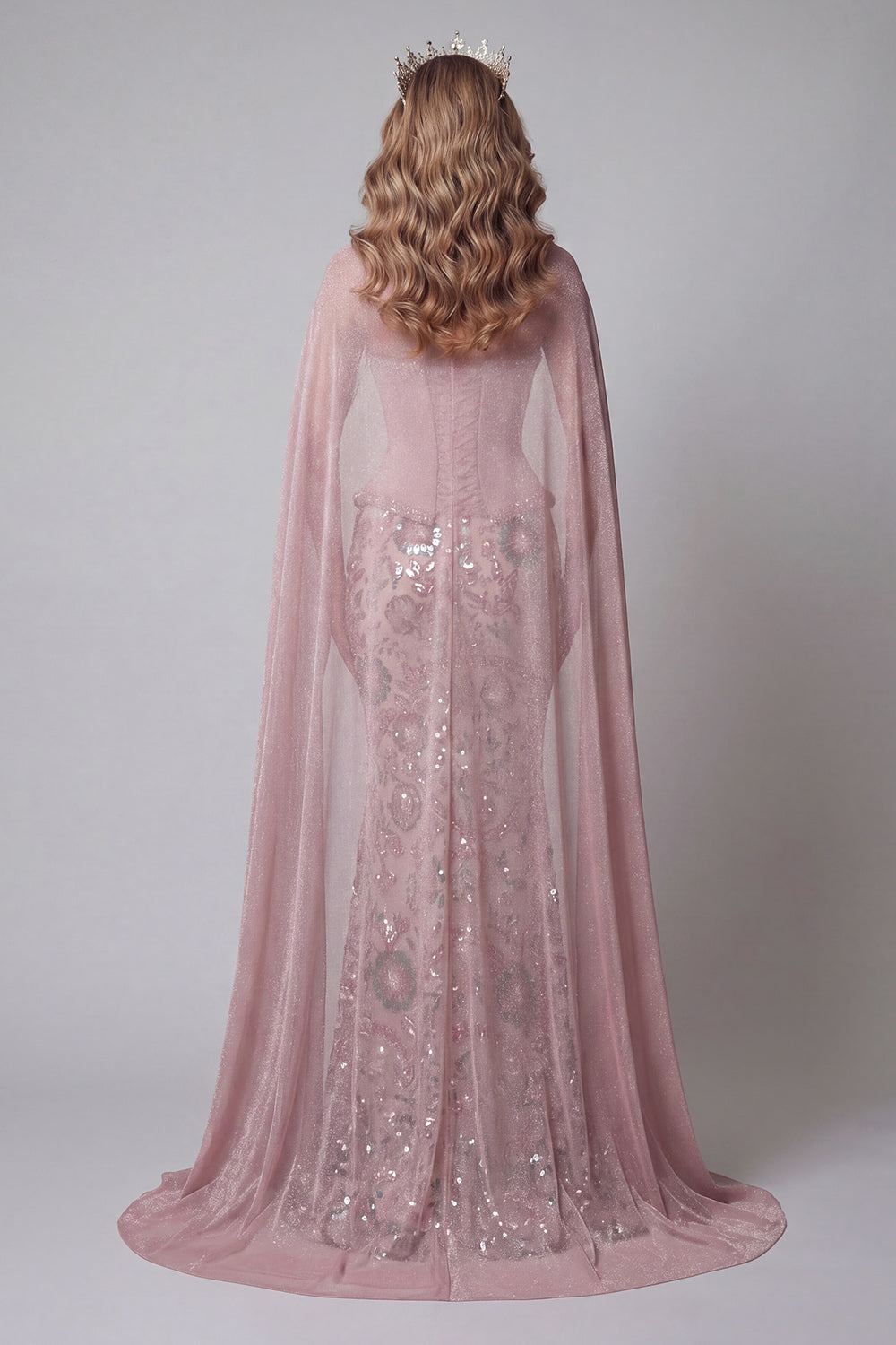 Sparkly Pink Mermaid Strapless Basque Waist Long Beaded Floral Pageant Dress with Cape