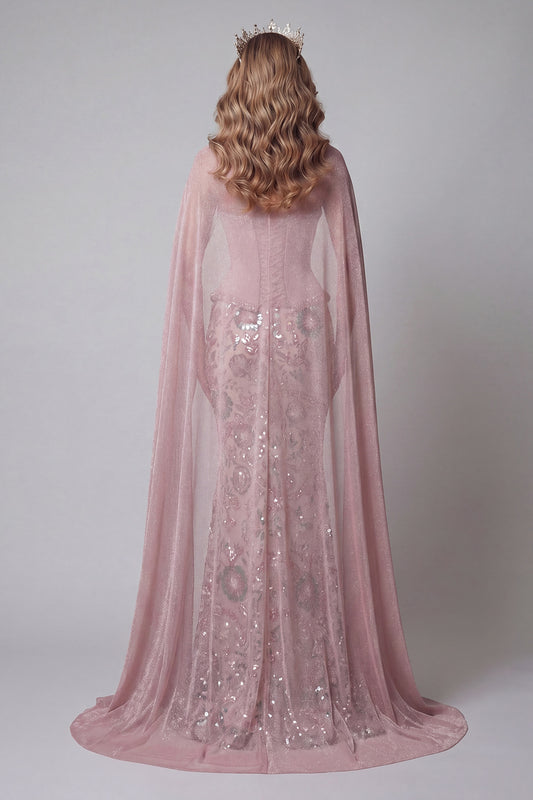 Sparkly Pink Mermaid Strapless Basque Waist Long Beaded Floral Pageant Dress with Cape