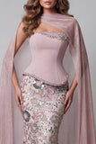 Sparkly Pink Mermaid Strapless Basque Waist Long Beaded Floral Pageant Dress with Cape