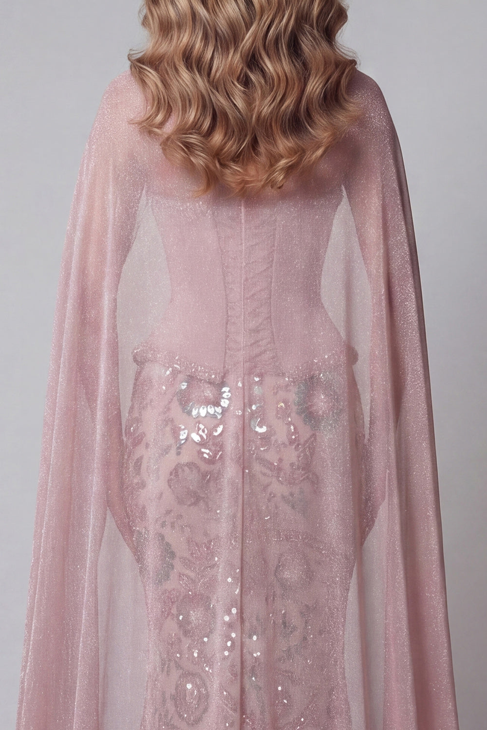 Sparkly Pink Mermaid Strapless Basque Waist Long Beaded Floral Pageant Dress with Cape