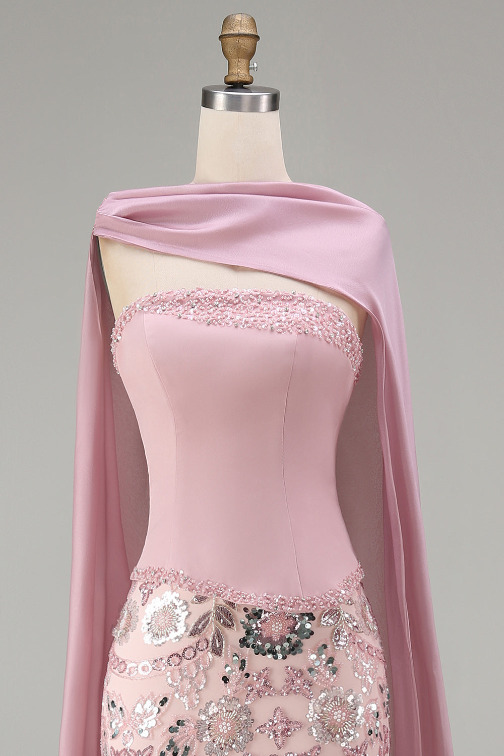 Sparkly Pink Mermaid Strapless Basque Waist Long Beaded Floral Pageant Dress with Cape