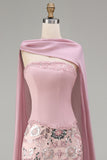 Sparkly Pink Mermaid Strapless Basque Waist Long Beaded Floral Pageant Dress with Cape