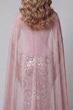 Sparkly Pink Mermaid Strapless Basque Waist Long Beaded Floral Pageant Dress with Cape