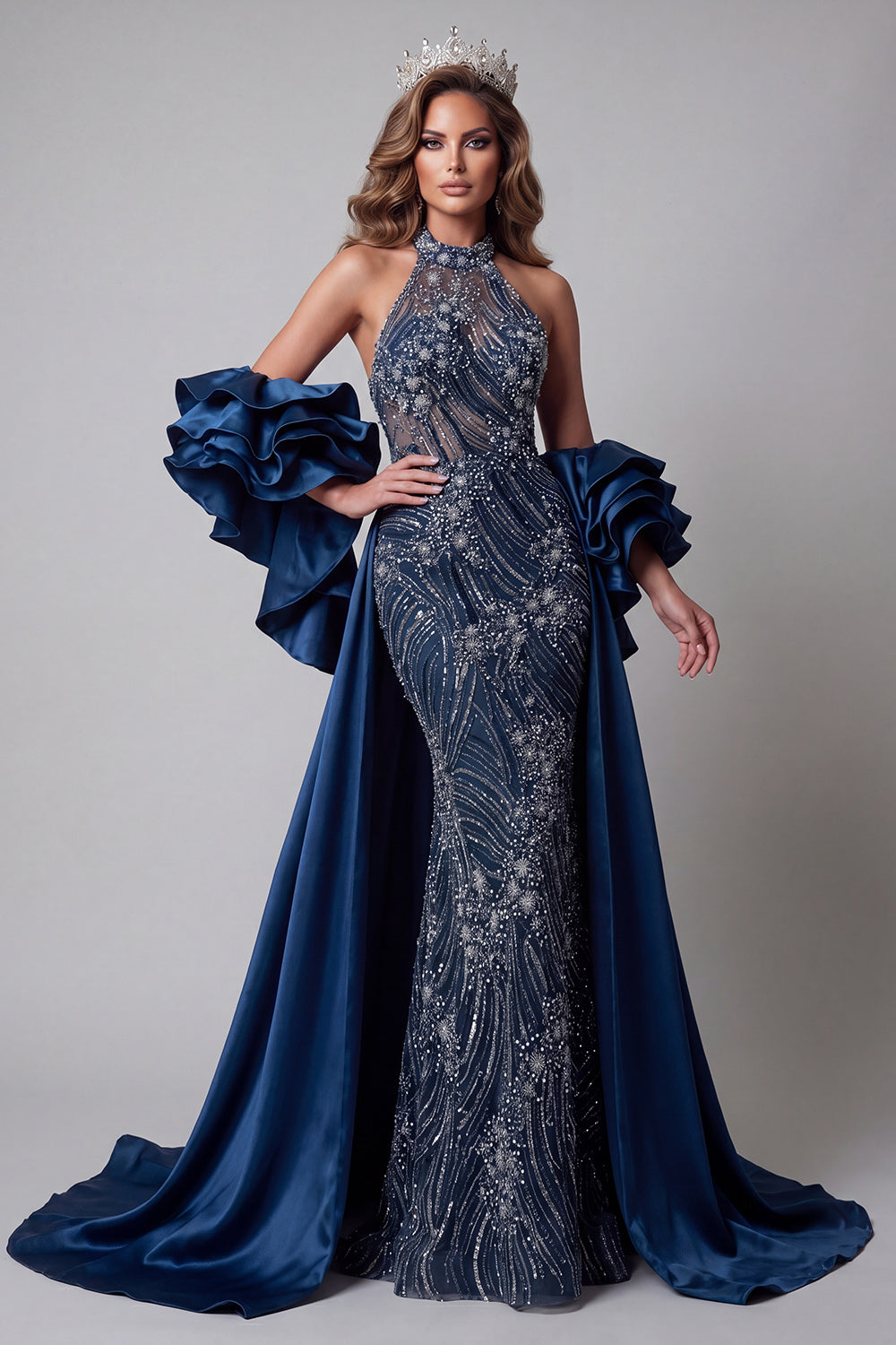 Sparkly Navy Mermaid Long Beaded Ruffled Pageant Dress with Cape