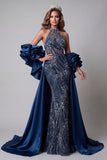 Sparkly Navy Mermaid Long Beaded Ruffled Pageant Dress with Cape