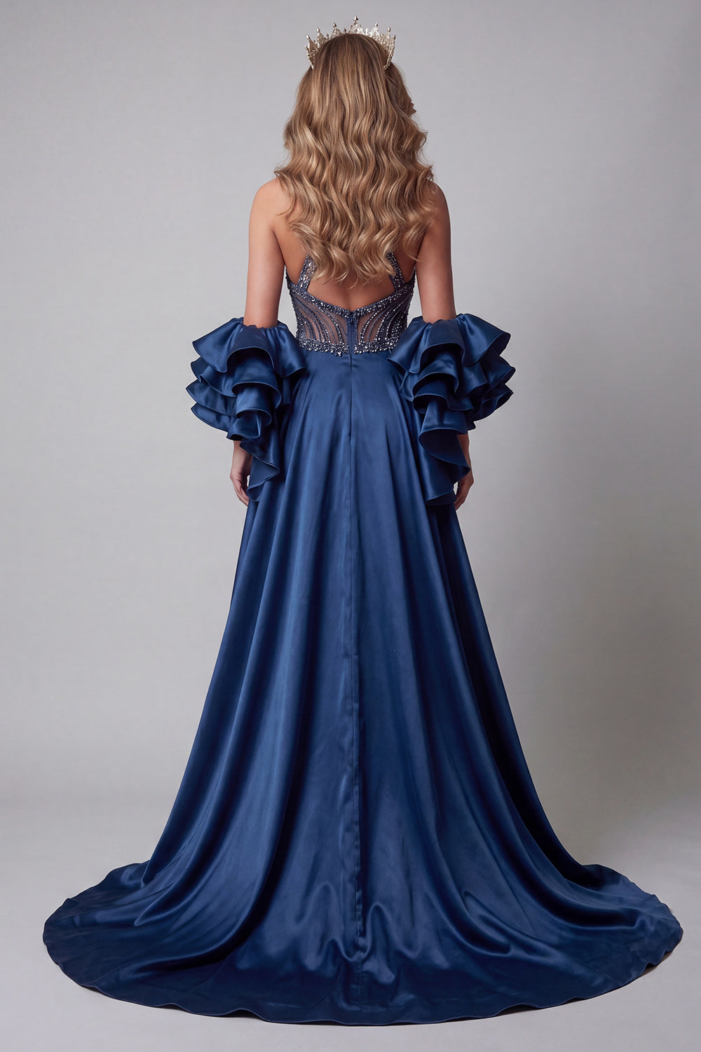 Sparkly Navy Mermaid Long Beaded Ruffled Pageant Dress with Cape