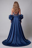 Sparkly Navy Mermaid Long Beaded Ruffled Pageant Dress with Cape
