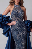 Sparkly Navy Mermaid Long Beaded Ruffled Pageant Dress with Cape