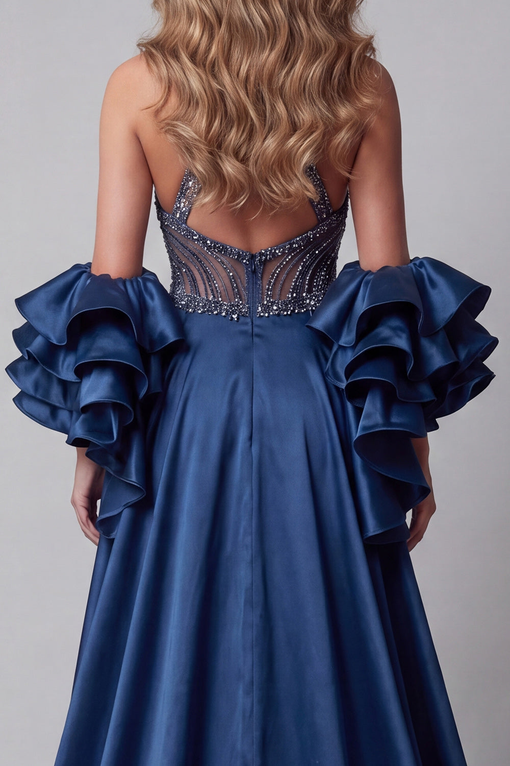 Sparkly Navy Mermaid Long Beaded Ruffled Pageant Dress with Cape