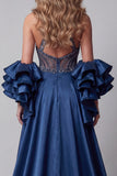 Sparkly Navy Mermaid Long Beaded Ruffled Pageant Dress with Cape