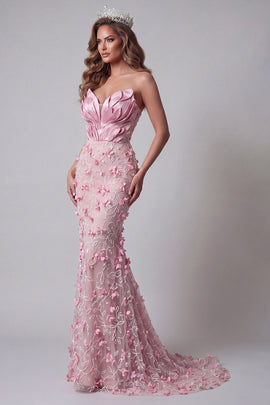 Pink Mermaid Long Ruffled Corset Floral Beaded Pageant Dress