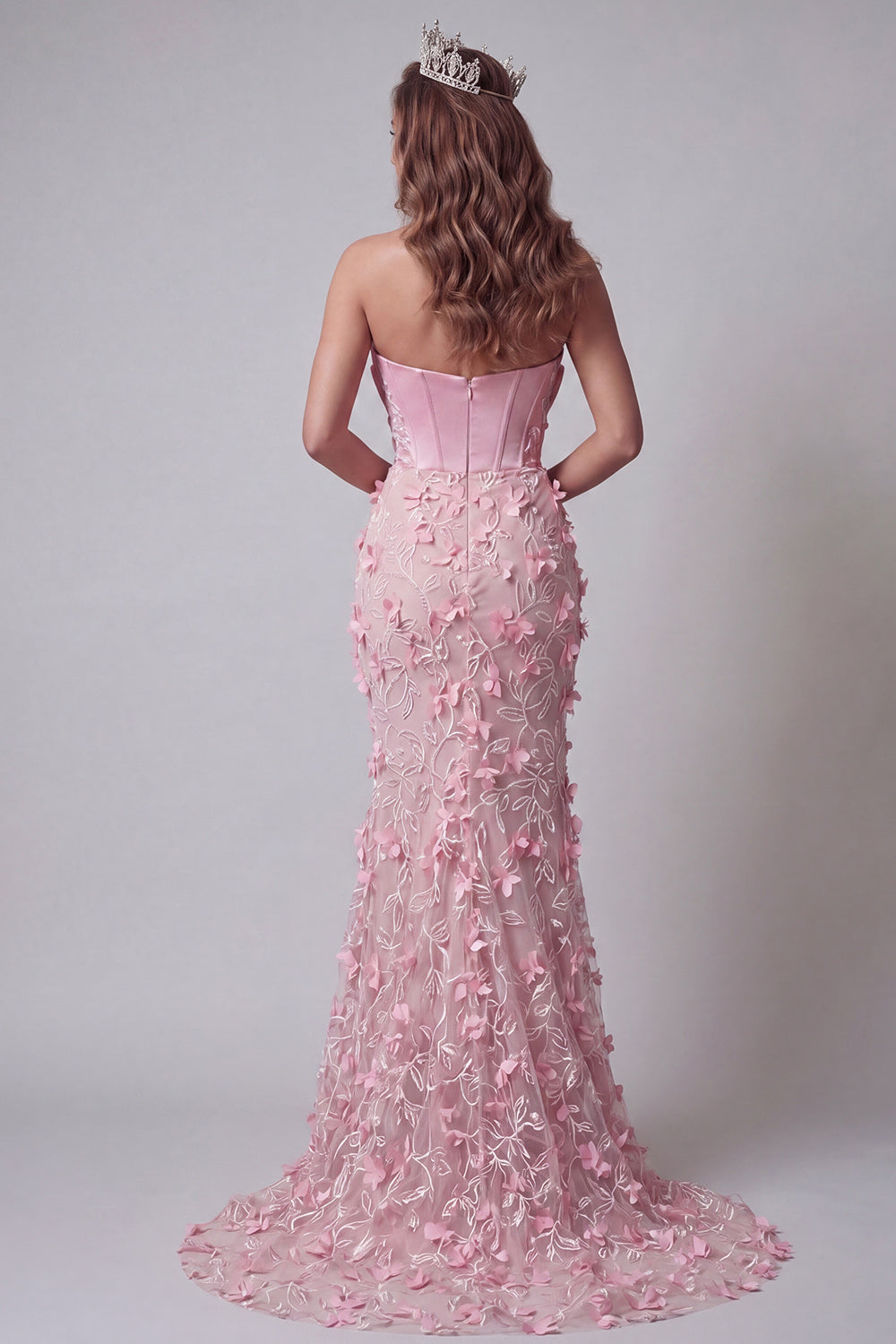 Pink Mermaid Long Ruffled Corset Floral Beaded Pageant Dress