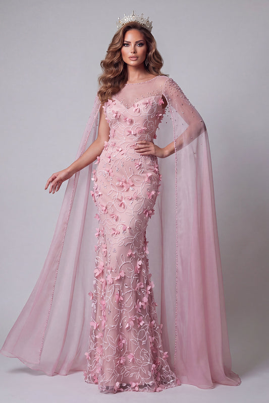 Pink Mermaid Long Boat Neck Floral Beaded Pageant Dress