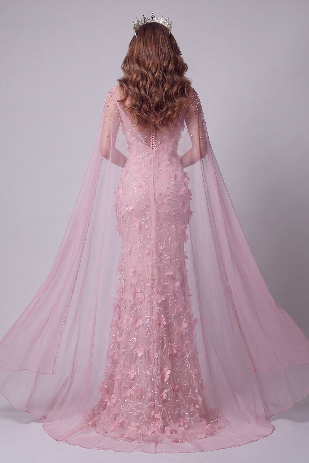 Pink Mermaid Long Boat Neck Floral Beaded Pageant Dress