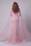 Pink Mermaid Long Boat Neck Floral Beaded Pageant Dress