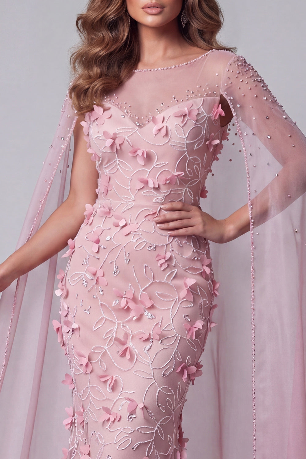 Pink Mermaid Long Boat Neck Floral Beaded Pageant Dress