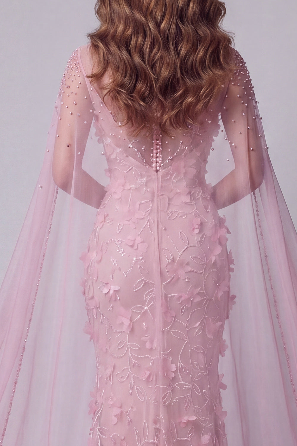 Pink Mermaid Long Boat Neck Floral Beaded Pageant Dress