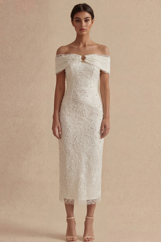Sheath Maxi White Boho Wedding Dress with Pearls