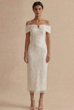 Sheath Maxi White Boho Wedding Dress with Pearls