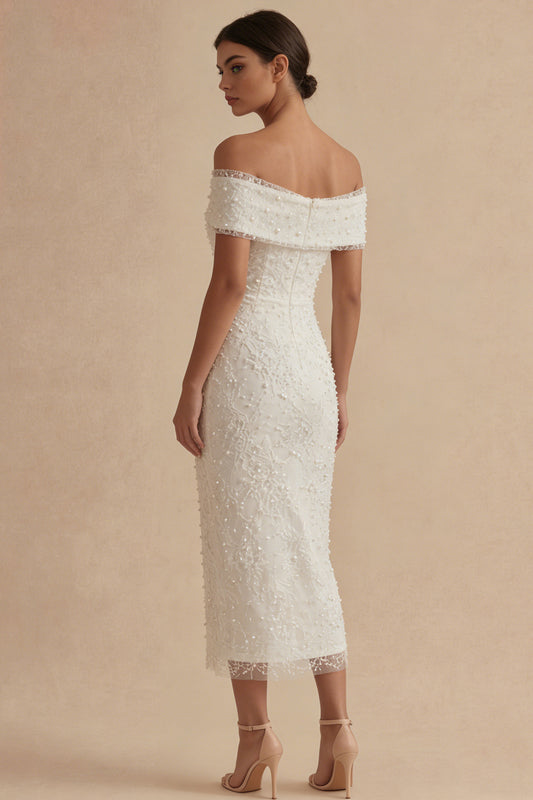 Sheath Maxi White Boho Wedding Dress with Pearls