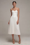 Spaghetti Straps White Midi A Line Corset Beach Wedding Dress with Pleats