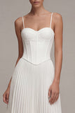 Spaghetti Straps White Midi A Line Corset Beach Wedding Dress with Pleats