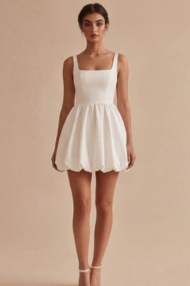 Short White A Line Square Neck Graduation Dress