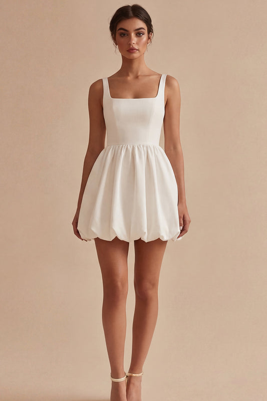 Short White A Line Square Neck Graduation Dress