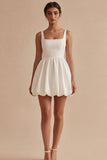 Short White A Line Square Neck Graduation Dress