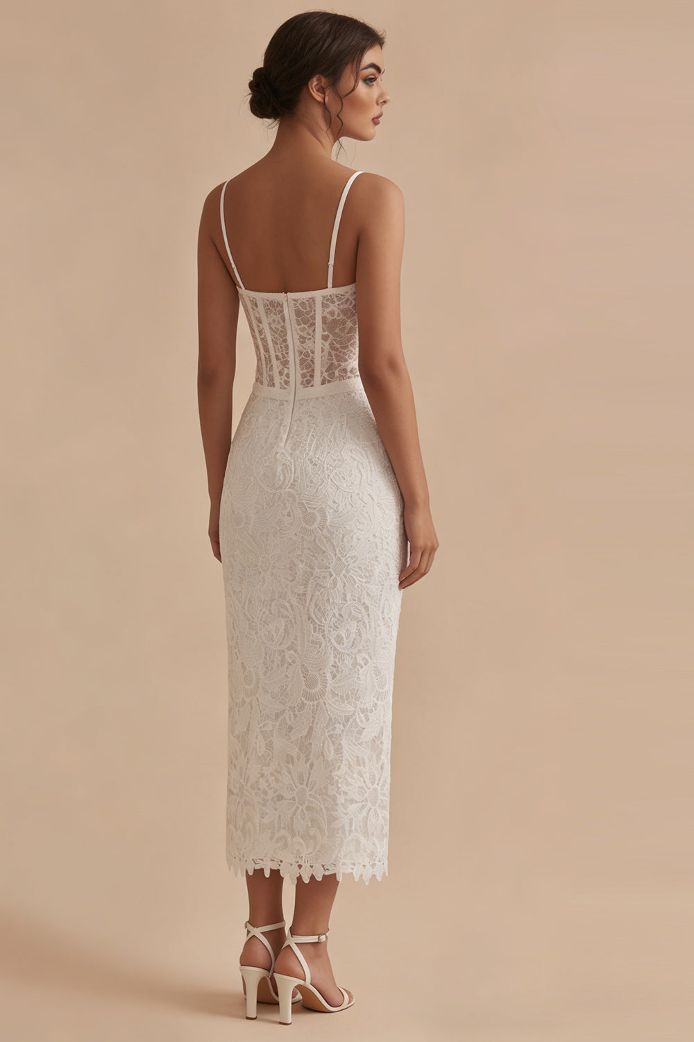 Spaghetti Straps Sheath Maxi Floral Lace Corset White Boho Wedding Dress