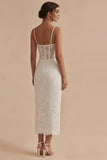 Spaghetti Straps Sheath Maxi Floral Lace Corset White Boho Wedding Dress