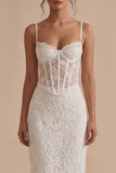 Spaghetti Straps Sheath Maxi Floral Lace Corset White Boho Wedding Dress