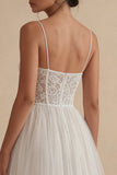 Floral Spaghetti Straps White Maxi A Line Corset Boho Wedding Dress with Lace