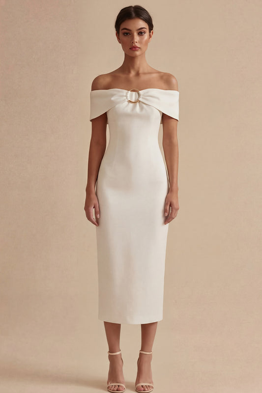 Off the Shoulder Sheath Maxi White Beach Wedding Dress