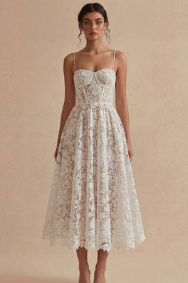 Lace Floral White Maxi A Line Corset Spaghetti Straps Boho Wedding Dress