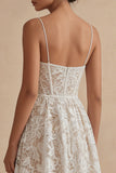 Lace Floral White Maxi A Line Corset Spaghetti Straps Boho Wedding Dress