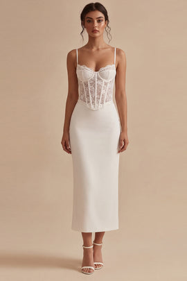 Corset Floral Sheath Maxi White Boho Wedding Dress with Lace