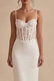 Corset Floral Sheath Maxi White Boho Wedding Dress with Lace